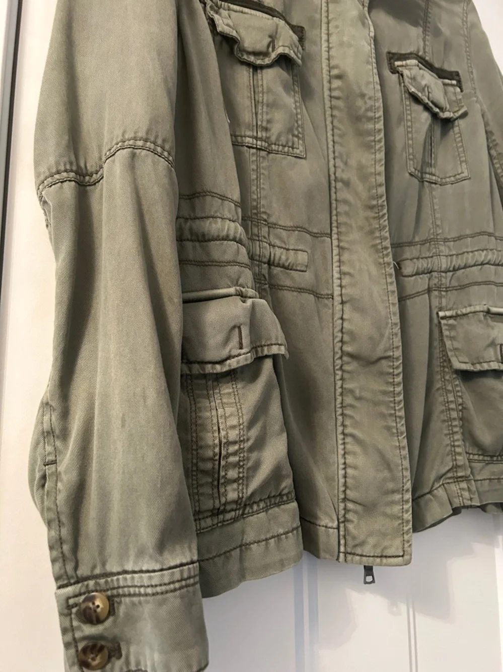 Full Zip Military Utility Jacket M/L Green Casual Faded Worn Look Coat Relaxed